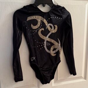 GK Black Shiny Long Sleeve Leotard with Silver Metallic Accent and Rhinestones